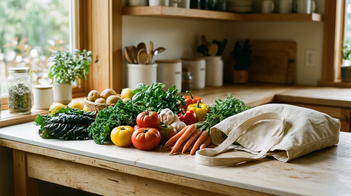 Groceries and fresh produce on a Canadian kitchen counter